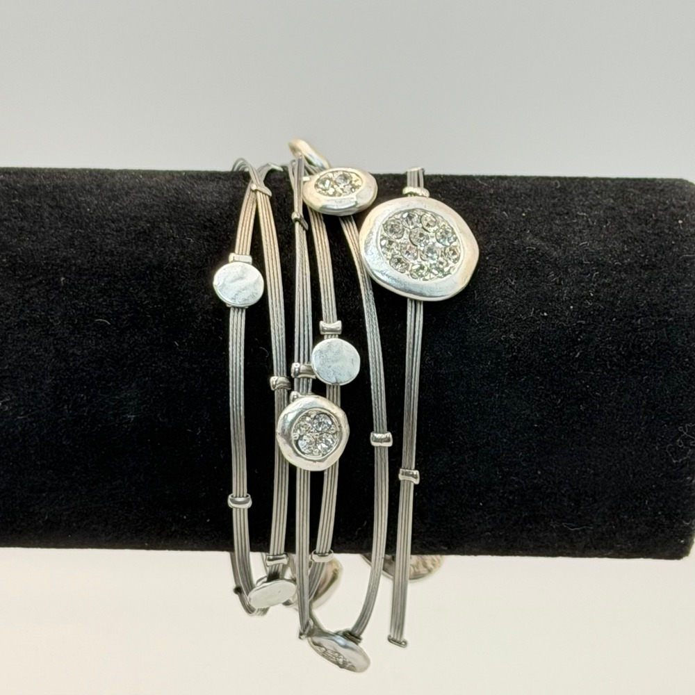 Silver Tone Multi Strand Wire Bangle Set Rhinestone Disc Boho Chic Bracelets